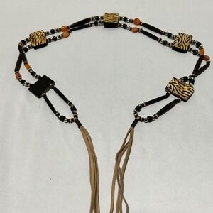 Boho Wood Beaded Belt Womens Tan‎ Brown Faux Suede Tie Waist Belt Animal Print